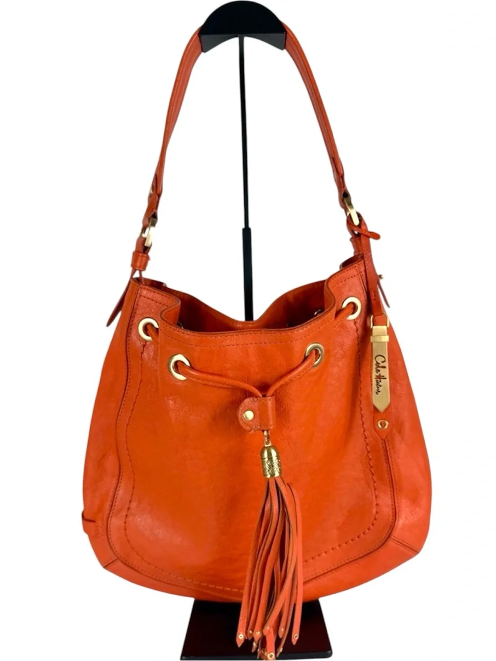 Cole Haan Orange Leather Tassel Drawstring Hobo Shoulder Bag with Dust Bag